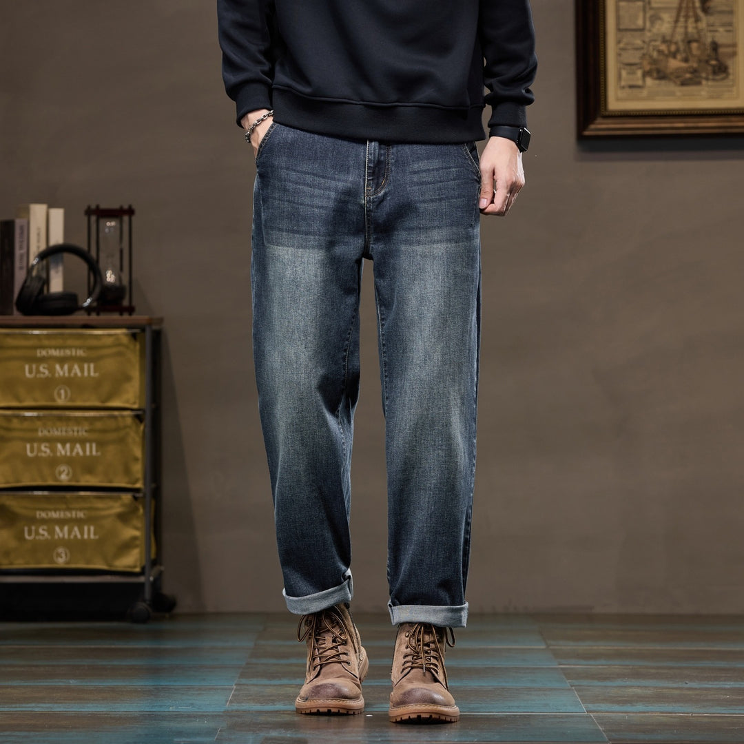 Herren Weite gerade geschnittene Denim-Jeans mit Used‑Wash und Umschlagbund Nord Taschen