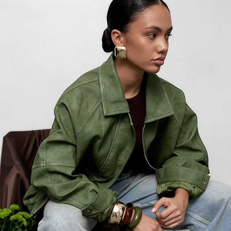 Damen Oversize-Lederimitatjacke im Boxy-Cut mit Raglanärmeln und Zweiwege-Reißverschluss Nord Taschen