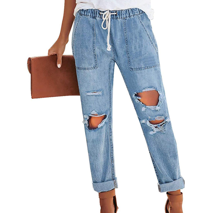 Damen lässige Destroyed-Denim-Jogger mit elastischem Kordelbund und aufgesetzten Fronttaschen Nord Taschen