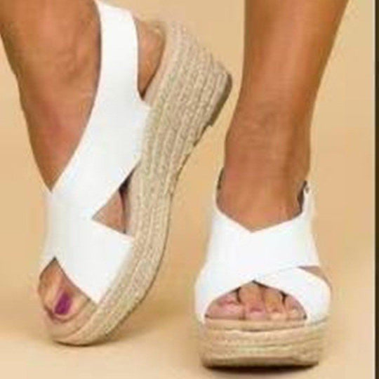 Damen Wedge-Sandalen mit Cross-Over-Riemen und juteumrandeter Sohle
