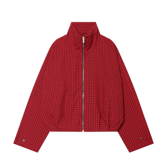 Damen Cropped-Bomberjacke mit hohem Stehkragen, Karomuster und elastischem Saum Nord Taschen