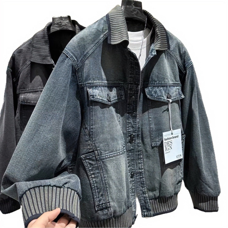 Herren Weitgeschnittene Jeansjacke mit geripptem Kontrastkragen und Vintage-Waschung Nord Taschen