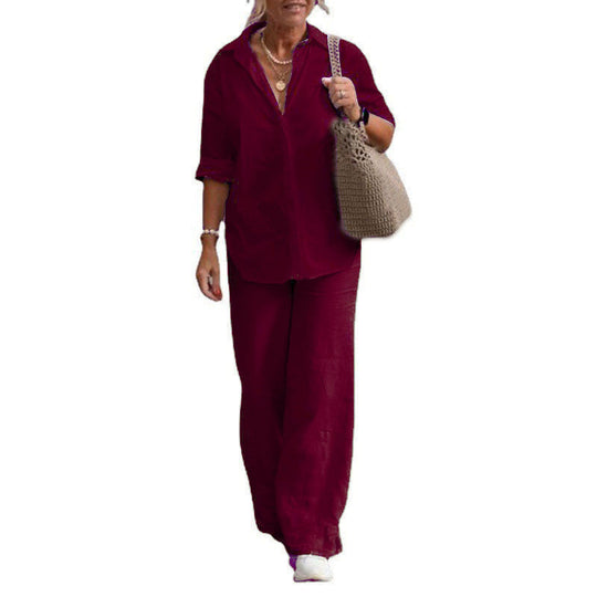 Damen Leichtes Leinen-Optik Zweiteiler mit Oversize-Hemd und weiter Palazzohose Nord Taschen