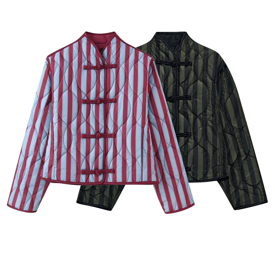 Damen Gepolsterte Jacke mit Stehkragen, Streifen‑Steppung und Knotenverschlüssen Nord Taschen