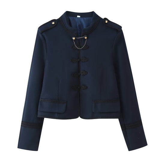 Damen Kurzjacke im Bouclé‑Look mit Mandarin‑Kragen, Kordelfroschverschluss und Zier‑Schulterklappen Nord Taschen