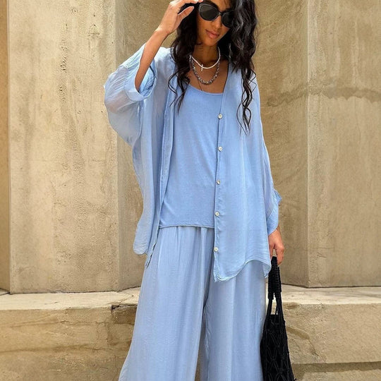 Damen Dreiteiliges Loungewear-Set aus leichter Viskose mit Oversize-Bluse, Top und weiter Palazzohose Nord Taschen