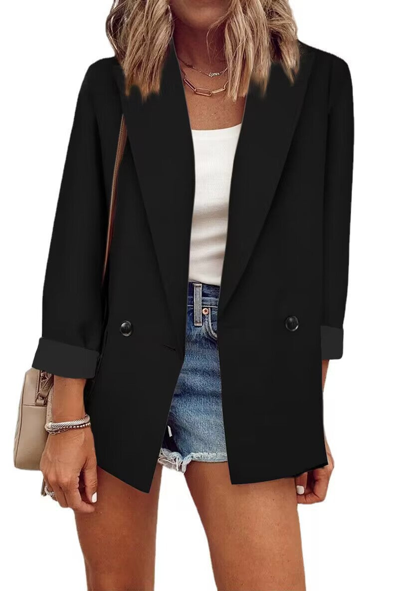 Damen Lockerer Longline-Blazer mit aufgekrempelten Ärmeln und zweireihiger Knopfleiste Nord Taschen