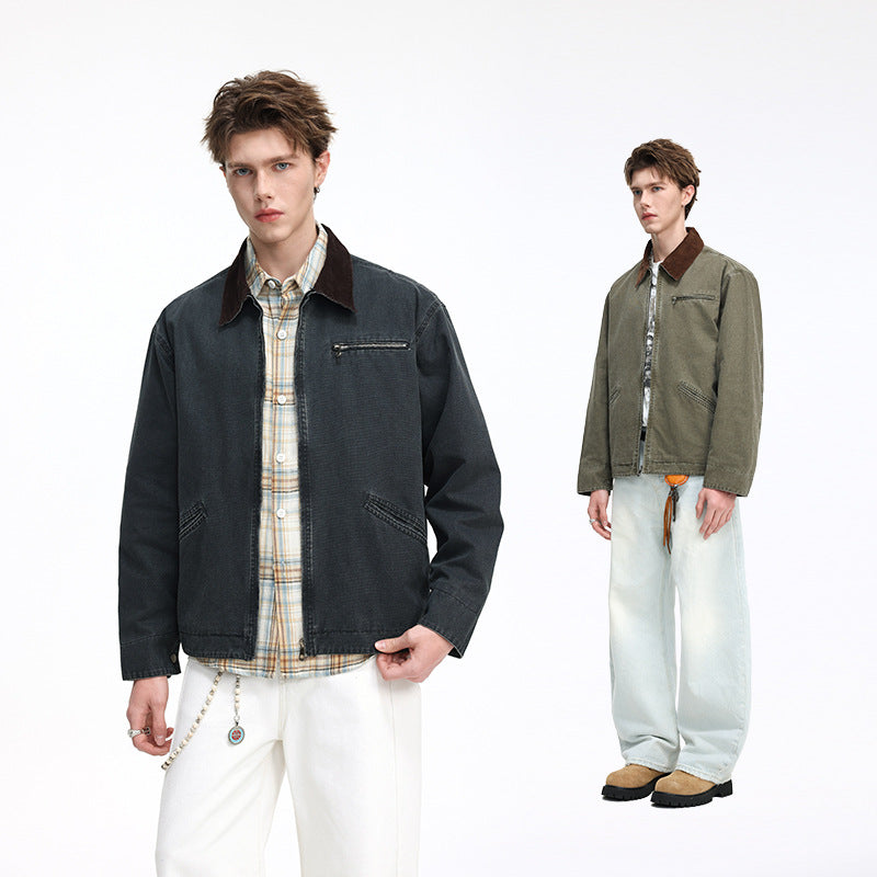 Herren Freizeitjacke aus gewaschenem Baumwollcanvas mit Cordkragen und Reißverschluss-Tasche Nord Taschen
