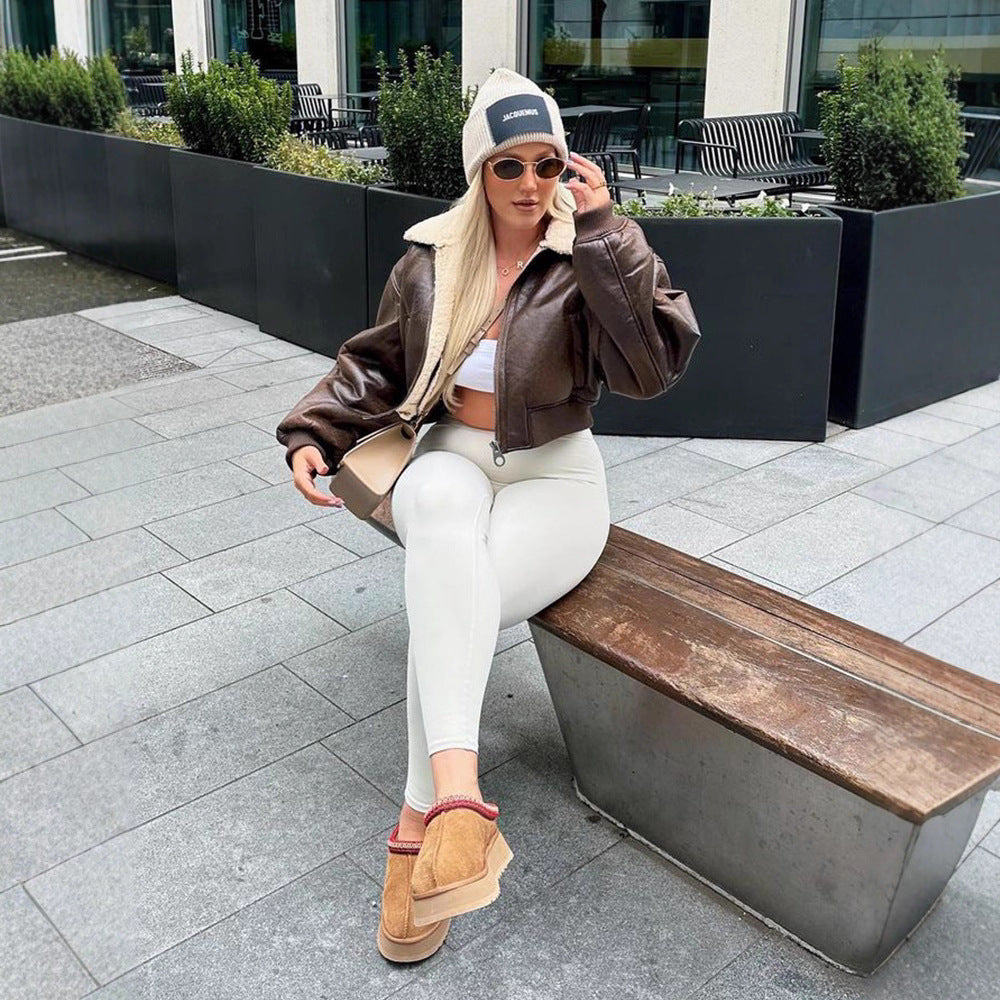 Damen Kurz geschnittene Fliegerjacke mit Teddy-Futter und Oversized-Ärmeln Nord Taschen