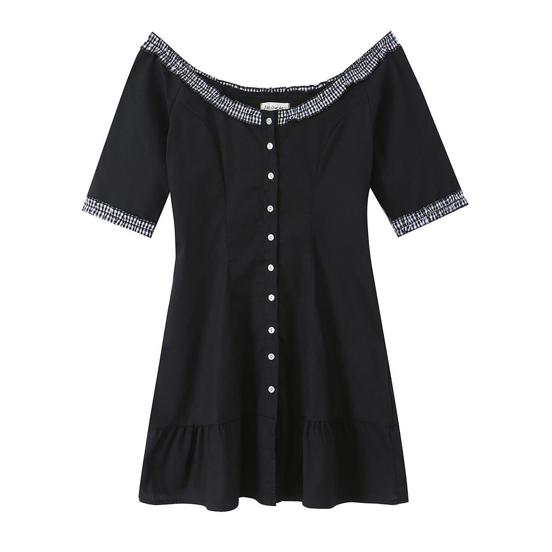 Damen Off-Shoulder Carmenkleid mit Knopfleiste, taillierter A‑Linie und kariertem Rüschenbesatz Nord Taschen