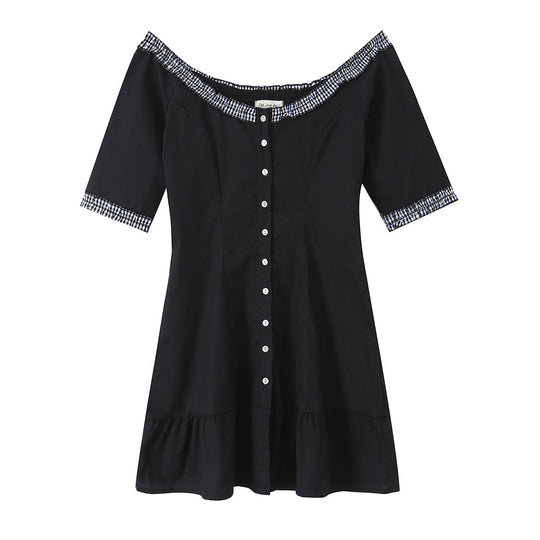 Damen Off-Shoulder Carmenkleid mit Knopfleiste, taillierter A‑Linie und kariertem Rüschenbesatz Nord Taschen