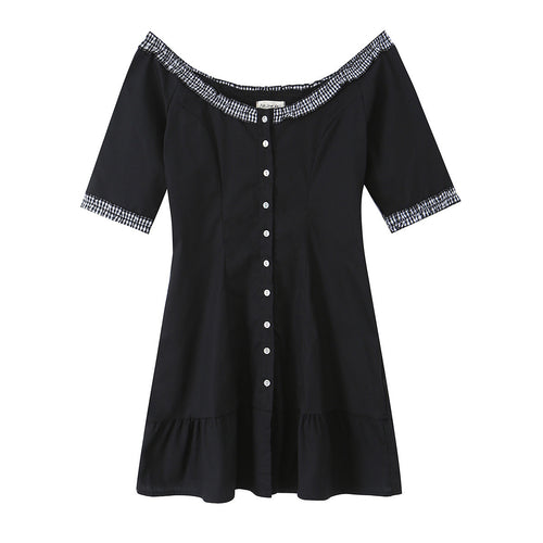Damen Off-Shoulder Carmenkleid mit Knopfleiste, taillierter A‑Linie und kariertem Rüschenbesatz Nord Taschen