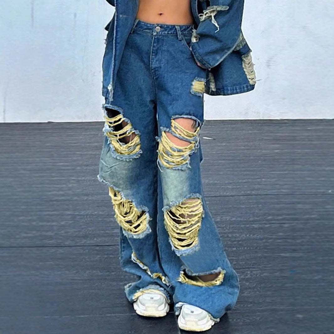 Damen weite Destroyed-Baggy-Jeans mit großflächigen Fransenrissen und relaxed Fit Nord Taschen