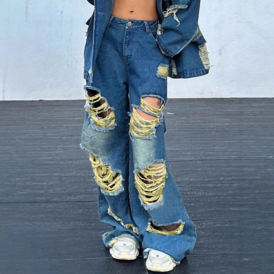 Damen weite Destroyed-Baggy-Jeans mit großflächigen Fransenrissen und relaxed Fit Nord Taschen