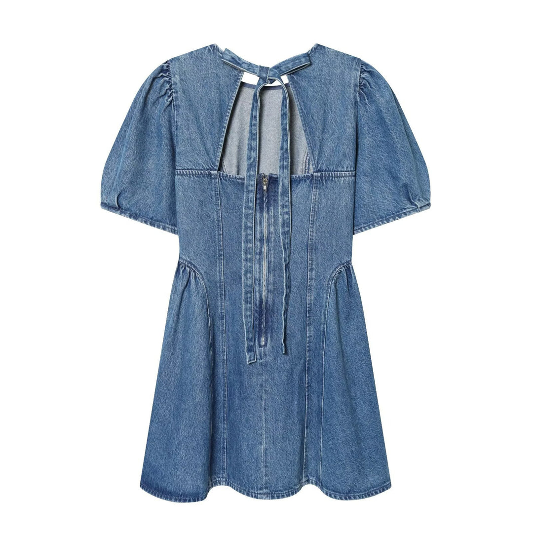 Damen Denim-Kleid mit Puffärmeln, Teilungsnähten und ausgestellter A-Linie Nord Taschen