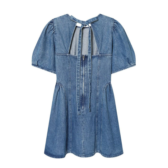 Damen Denim-Kleid mit Puffärmeln, Teilungsnähten und ausgestellter A-Linie Nord Taschen