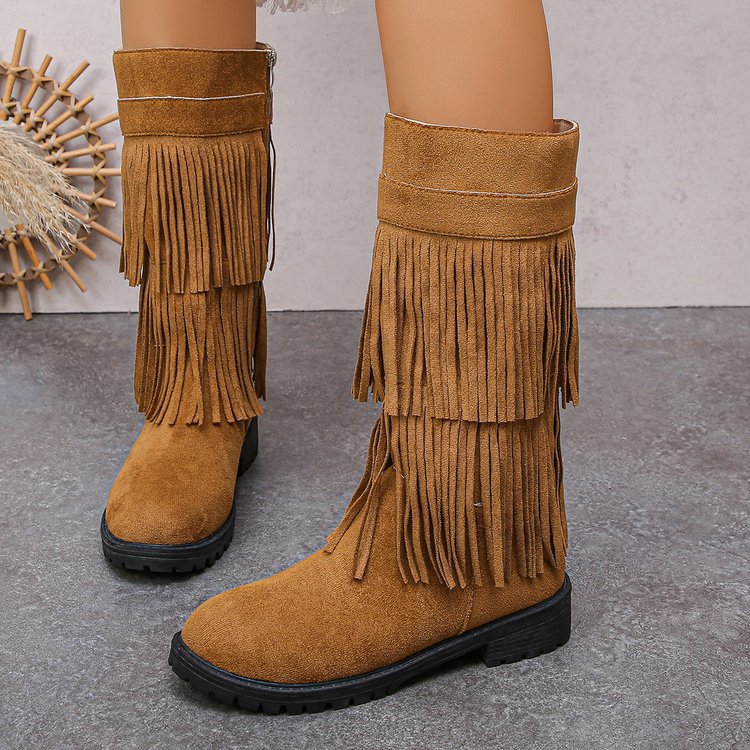 Damen Mid‑Calf Fransenstiefel aus Veloursimitat mit mehrlagigen Fransen und profilierter Gummisohle Nord Taschen