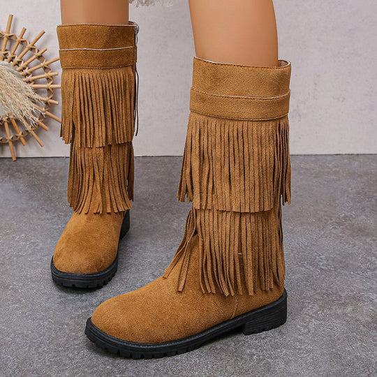 Damen Mid‑Calf Fransenstiefel aus Veloursimitat mit mehrlagigen Fransen und profilierter Gummisohle Nord Taschen
