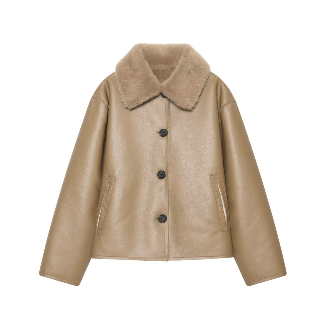 Damen Kurzjacke im Aviator-Style aus Kunstleder mit breitem Fellkragen Nord Taschen