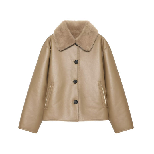 Damen Kurzjacke im Aviator-Style aus Kunstleder mit breitem Fellkragen Nord Taschen
