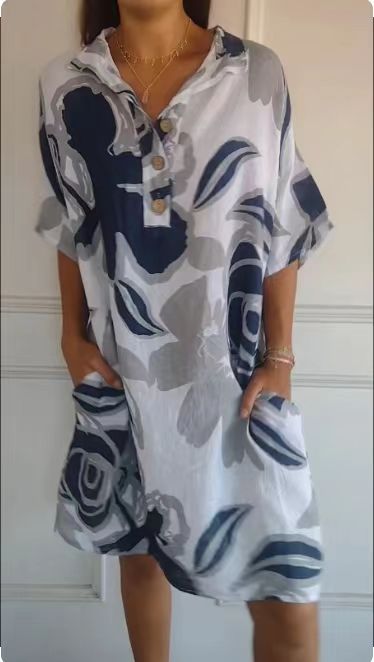 Damen luftiges Strandkleid mit modischem Muster und seitlichen Taschen