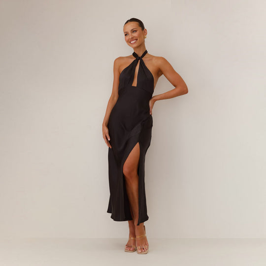 Damen Elegantes Wickelmaxikleid im Halterneck-Stil mit seitlichem Schlitz und Taillengürtel - Vittorelli
