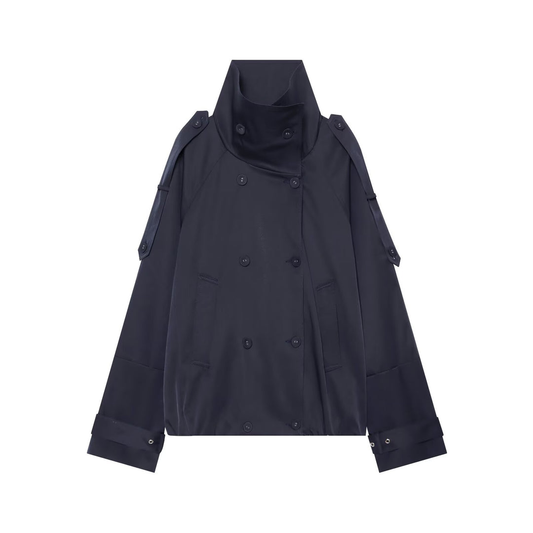 Damen Kurzgeschnittener Doppelreihiger Trenchcoat mit hohem Stehkragen und Cape-Ärmeln Nord Taschen