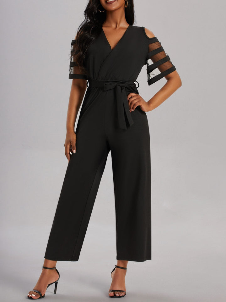 Damen Eleganter Jumpsuit mit transparenten Ärmel-Details und Taillengürtel