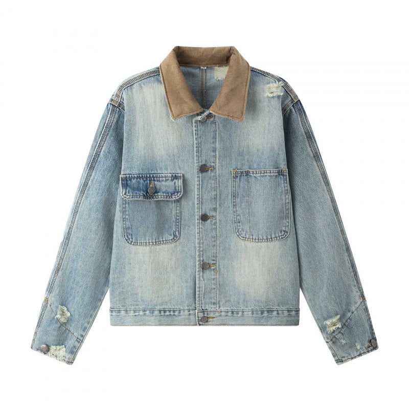 Unisex Boxy-Denimjacke im Worker‑Look mit Cordkragen, Used‑Effekt und großen Brusttaschen Nord Taschen