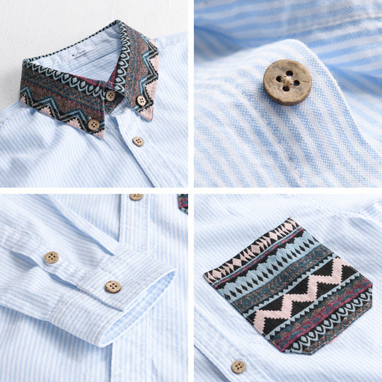 Herren Gestreiftes Baumwollhemd mit Jacquard-Kragen und Taschenbesatz Nord Taschen