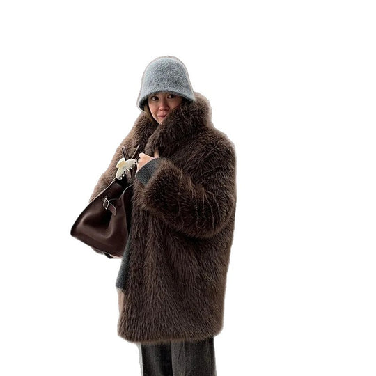 Damen Kurzmantel aus langfaserigem Shaggy-Faux-Fur mit extravoluminösem Schalkragen Nord Taschen