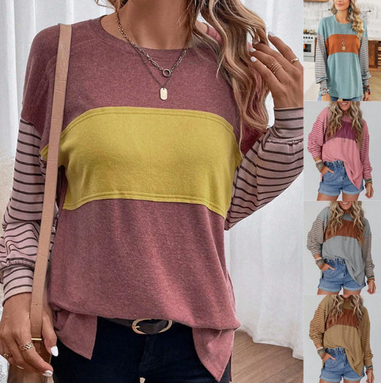 Damen Lockeres Colorblock-Sweatshirt mit gestreiften Ärmeln und Rundhalsausschnitt Nord Taschen