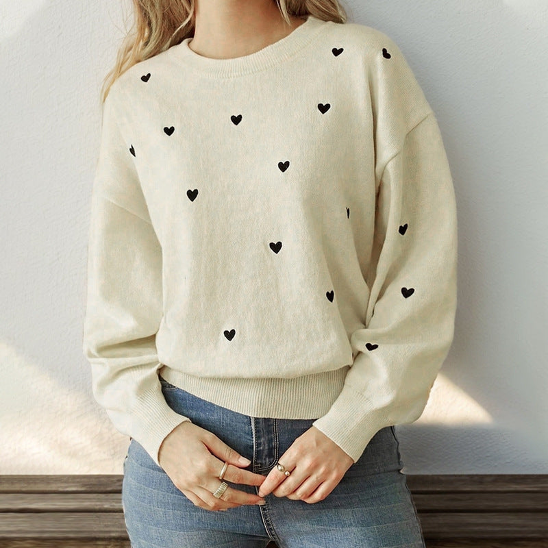 Damen Lockerer Feinstrickpullover mit Herzchen-Allover, Rundhalsausschnitt und elastischem Saum Nord Taschen