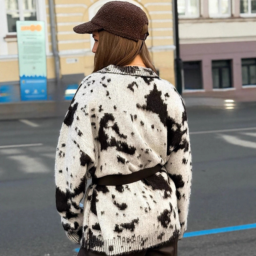 Damen Oversize Strickcardigan mit Batikmuster, V-Ausschnitt und Knopfleiste Nord Taschen