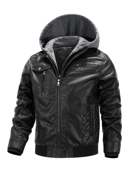Herren Kunstleder-Bikerjacke mit abnehmbarer Kapuzenblende und gesteppter Seitenpartie Nord Taschen