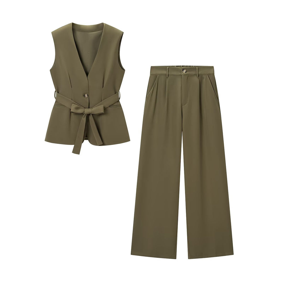 Damen Zweiteiliges tailliertes Weste‑und Hose Set mit Bindegürtel und weitem Bein Nord Taschen