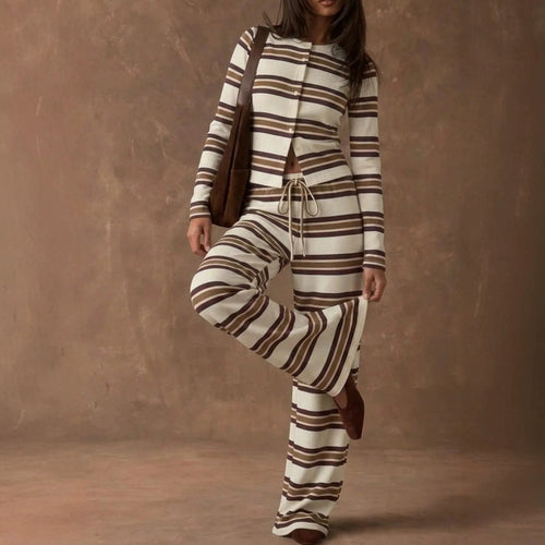 Damen Gestreiftes Strick-Lounge-Set mit tailliertem Knopfcardigan und weitem Palazzohose Nord Taschen
