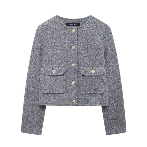 Damen Kurz geschnittene Bouclé‑Jacke mit Rundhalsausschnitt, aufgesetzten Pattentaschen und goldfarbenen Zierknöpfen Nord Taschen