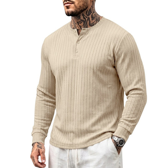 Herren Feinstrukturiertes Henley-Langarmshirt mit Zopfmuster und Knopfleiste Nord Taschen
