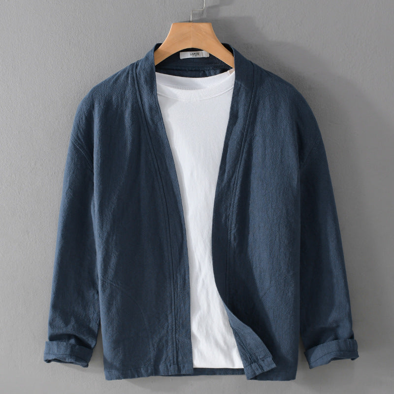 Herren Offene Leinen-Overjacket mit Kimono-Kragen und Relaxed-Fit Nord Taschen