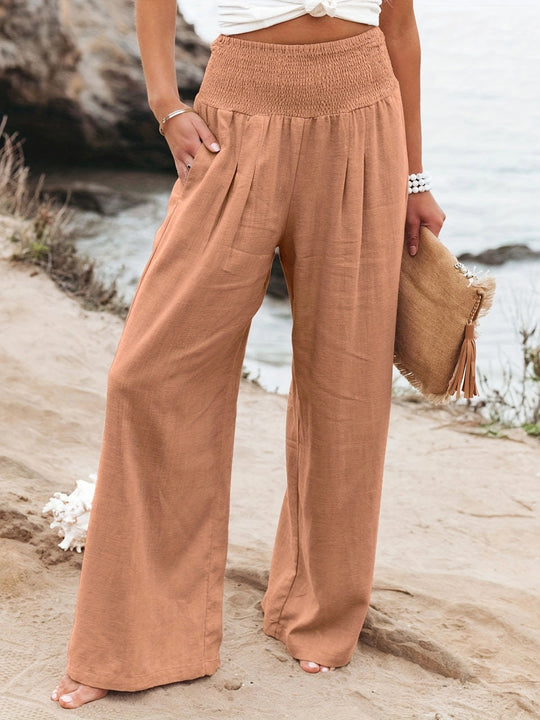 Damen Weite Leinenhose mit Smokbund und Eingrifftaschen Nord Taschen