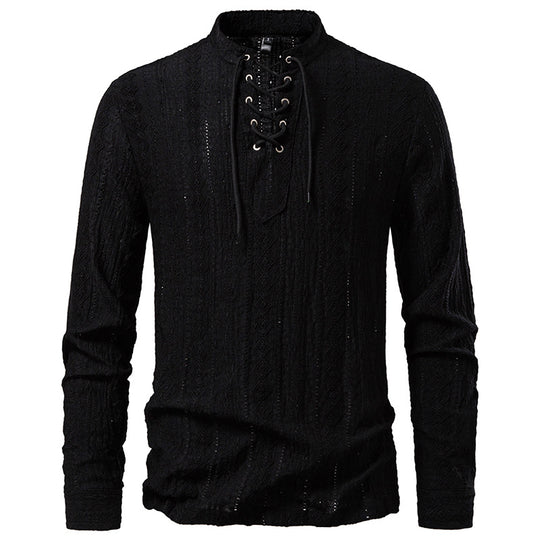 Herren Feinstruktur Henley-Langarmshirt mit Schnürung und Stehkragen Nord Taschen