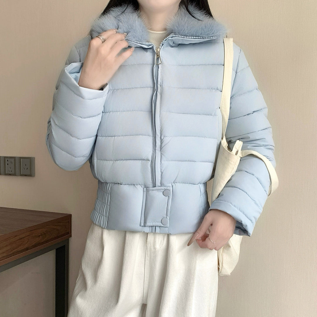 Damen nan kurze wattierte Taillenjacke mit abnehmbarem Kunstfellkragen und verstärktem Saum Nord Taschen