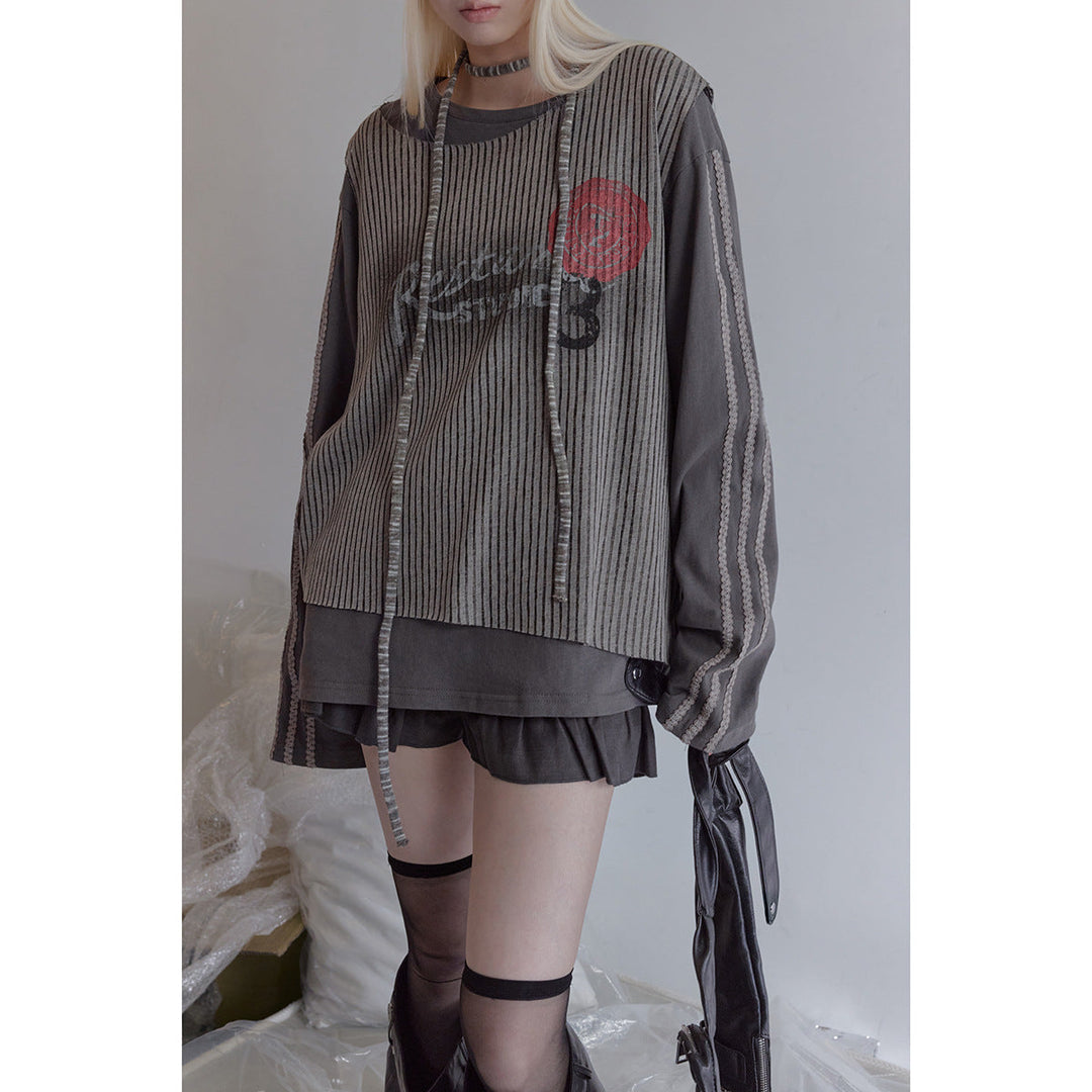 Damen Lagen-Langarmshirt mit gestreiftem Frontpanel und Spitzenband Nord Taschen