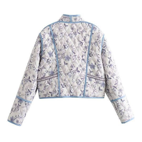 Damen Gestepptes Cropped-Steppjacke mit floralem Allovermuster und kontrastierender Paspelierung Nord Taschen