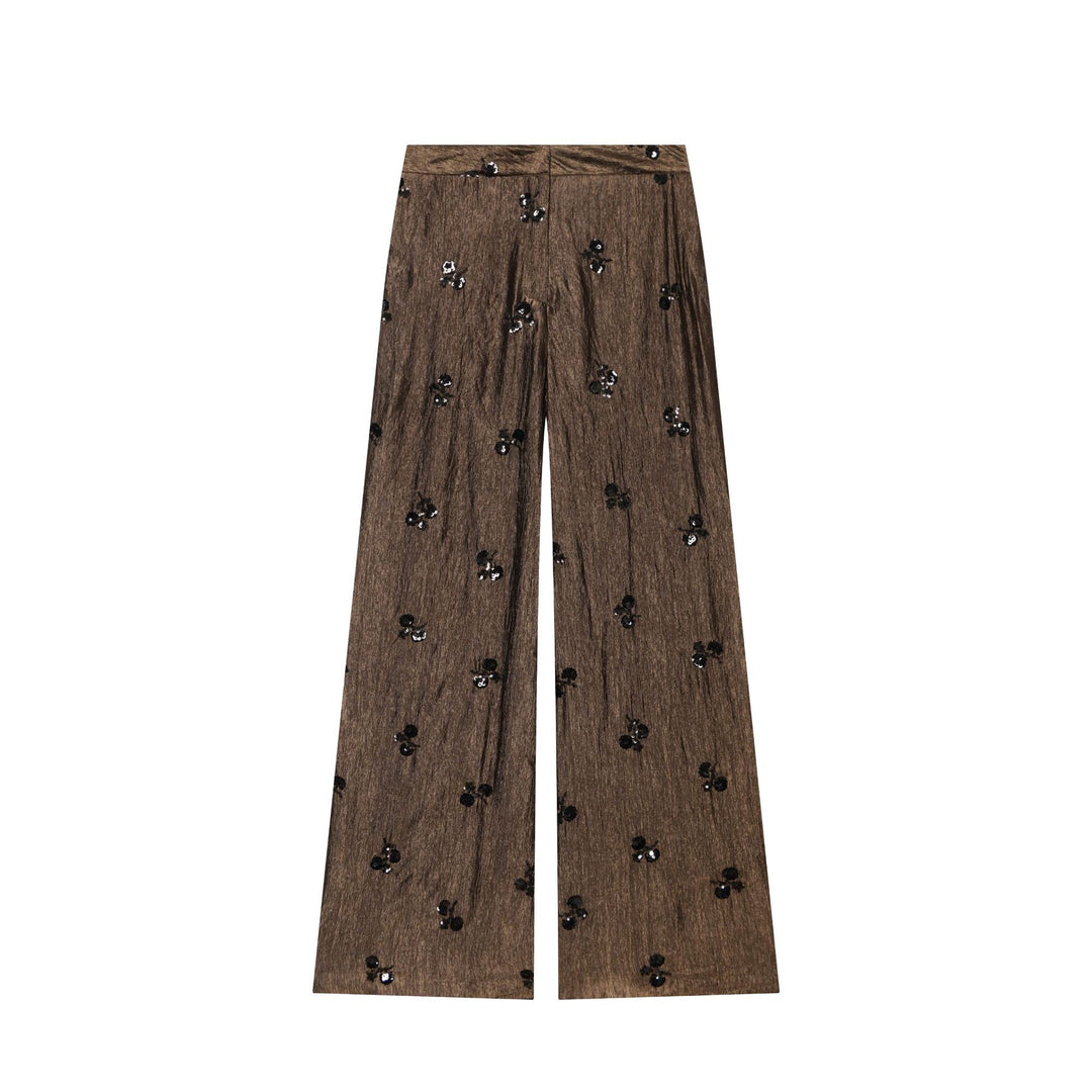 Damen Weite High‑Waist‑Hose mit Crinkle‑Effekt und Paillettenblüten Nord Taschen