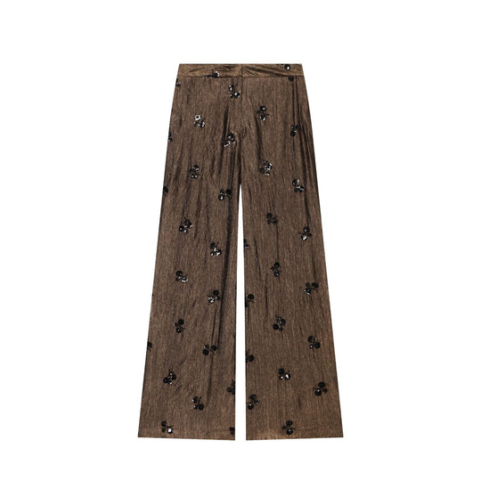 Damen Weite High‑Waist‑Hose mit Crinkle‑Effekt und Paillettenblüten Nord Taschen