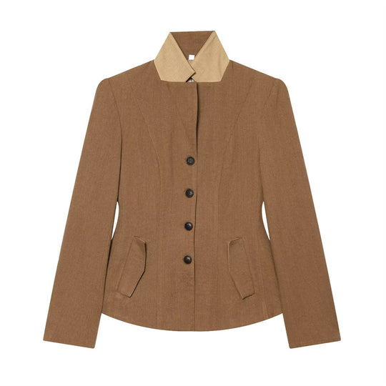 Damen Taillierte Woll-Reitjacke mit Stehkragen und Pattentaschen Nord Taschen