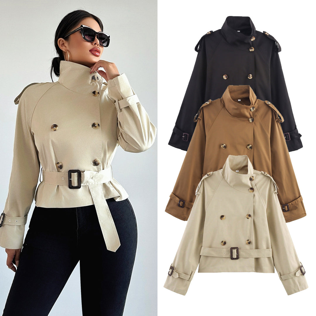 Damen Kurz-Trenchjacke mit Doppelreihe, Stehkragen, Schulterklappen und Taillengürtel Nord Taschen