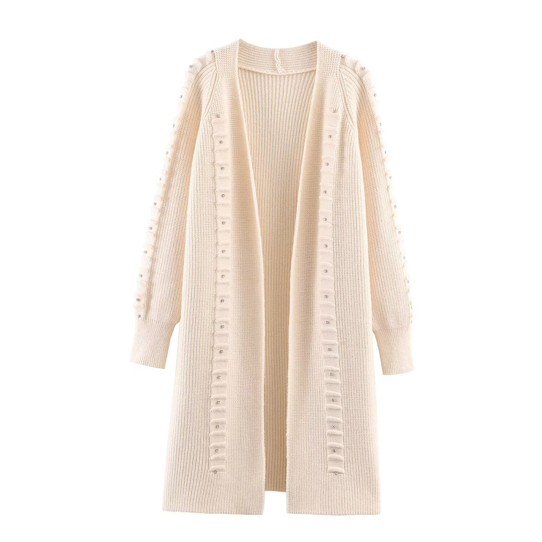Damen Longline Strickcardigan mit Perlen- und Rüschendetail offene Front Nord Taschen